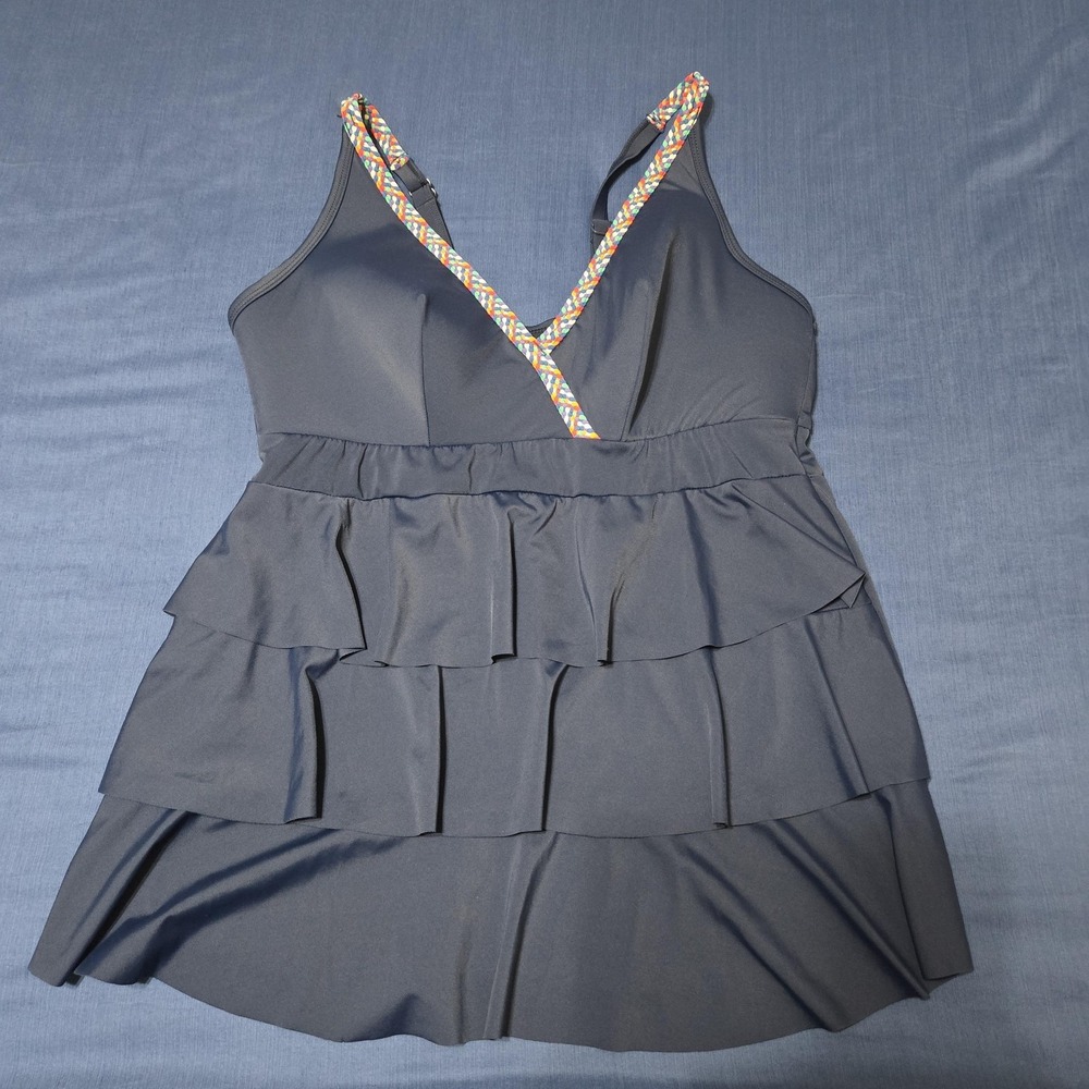 Cacique Swim Top Womens 16 Blue Ruffle Tiered Tank Built In Bra Briefs Plus